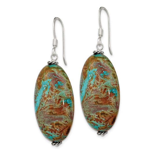 QE5872 Sterling Silver Polished & Antiqued Twisted Bead & Blue Jasper Oval Dangle Earrings