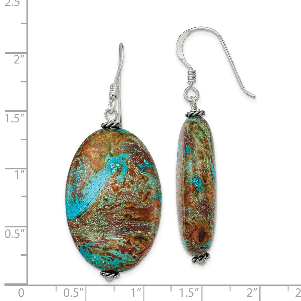 QE5872 Sterling Silver Polished & Antiqued Twisted Bead & Blue Jasper Oval Dangle Earrings