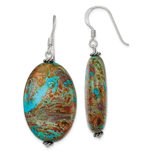 QE5872 Sterling Silver Polished & Antiqued Twisted Bead & Blue Jasper Oval Dangle Earrings