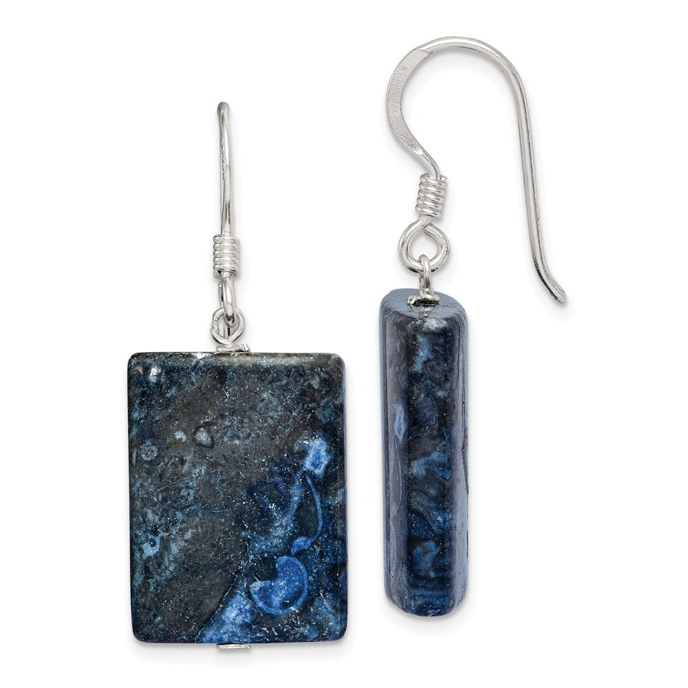 QE5890 Sterling Silver Polished Blue Sodalite Rectangular Dangle Earrings
