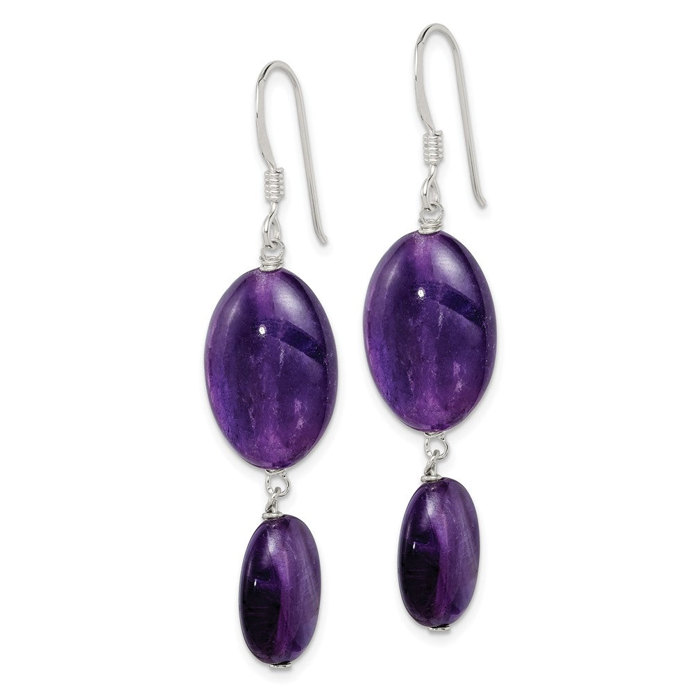 QE5903 Sterling Silver Polished Amethyst & Dark Purple Jade Oval Dangle Earrings