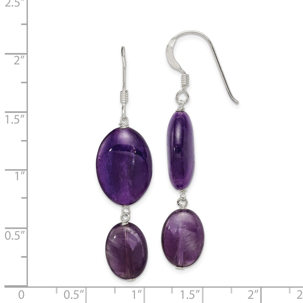 QE5903 Sterling Silver Polished Amethyst & Dark Purple Jade Oval Dangle Earrings