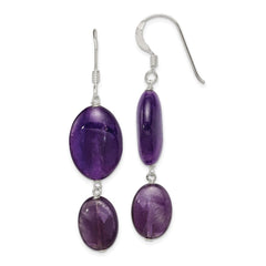 QE5903 Sterling Silver Polished Amethyst & Dark Purple Jade Oval Dangle Earrings