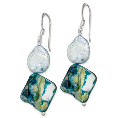 QE5926 Sterling Silver Polished Blue MOP & White FWC Pearl Dangle Earrings