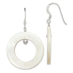 QE5931 Sterling Silver Polished White Mother of Pearl Circle Dangle Earrings