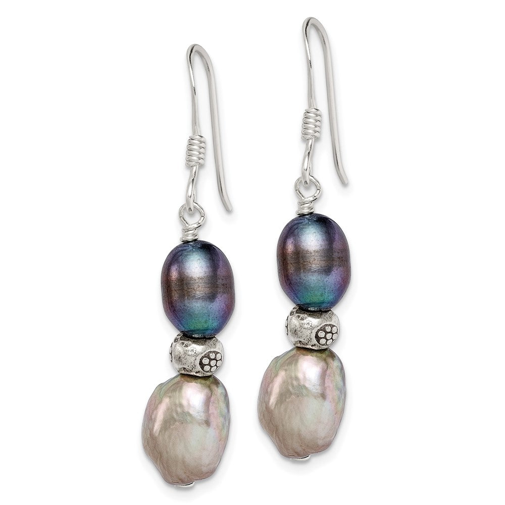 QE5944 Sterling Silver Polished Antiqued & Beaded Grey & Black 7-8mm Freshwater Cultured Pearl Dangle Earrings