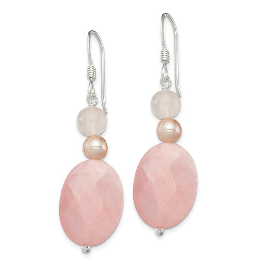 QE5945 Sterling Silver Polished Rose Quartz & Pink FWC Pearl Dangle Earrings