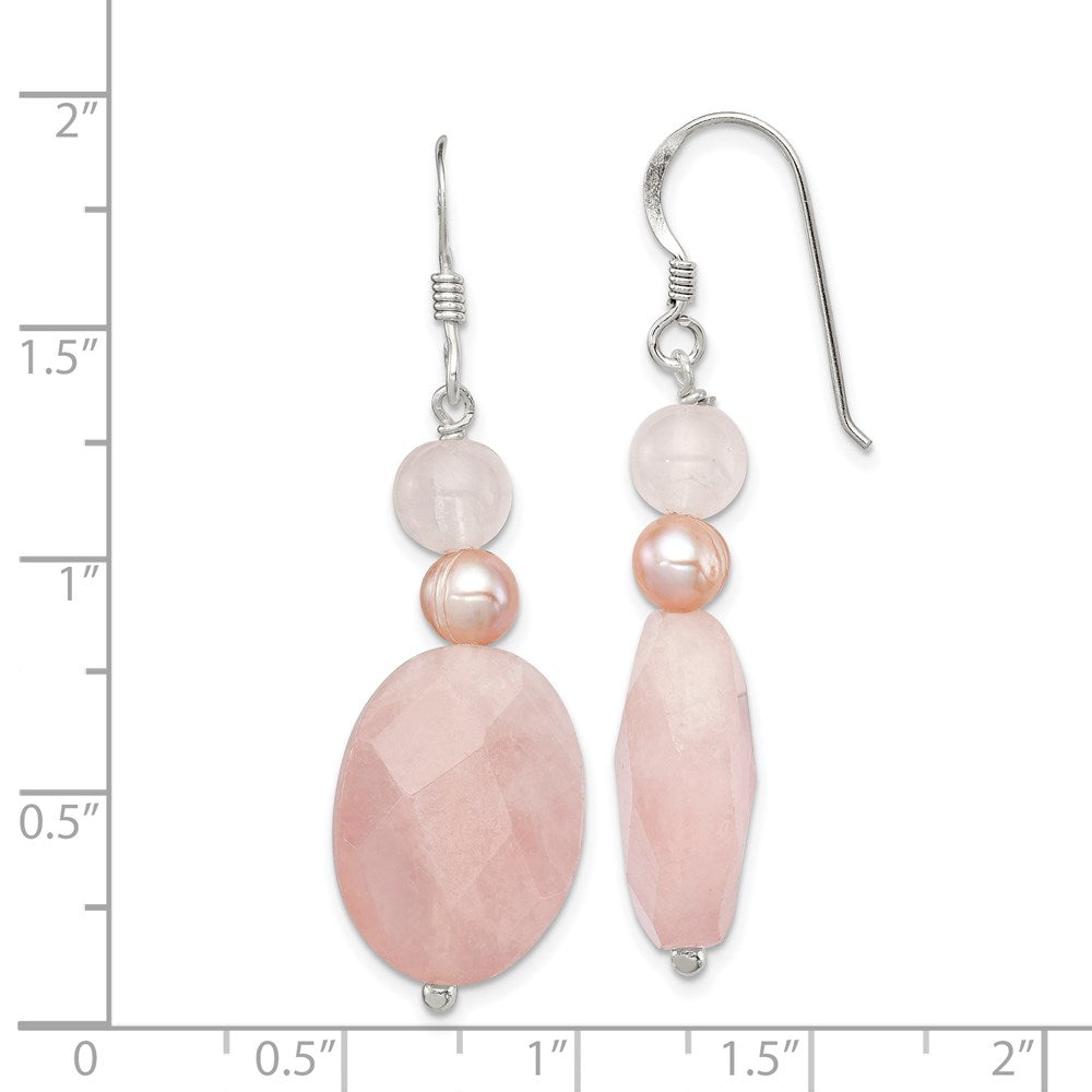 QE5945 Sterling Silver Polished Rose Quartz & Pink FWC Pearl Dangle Earrings