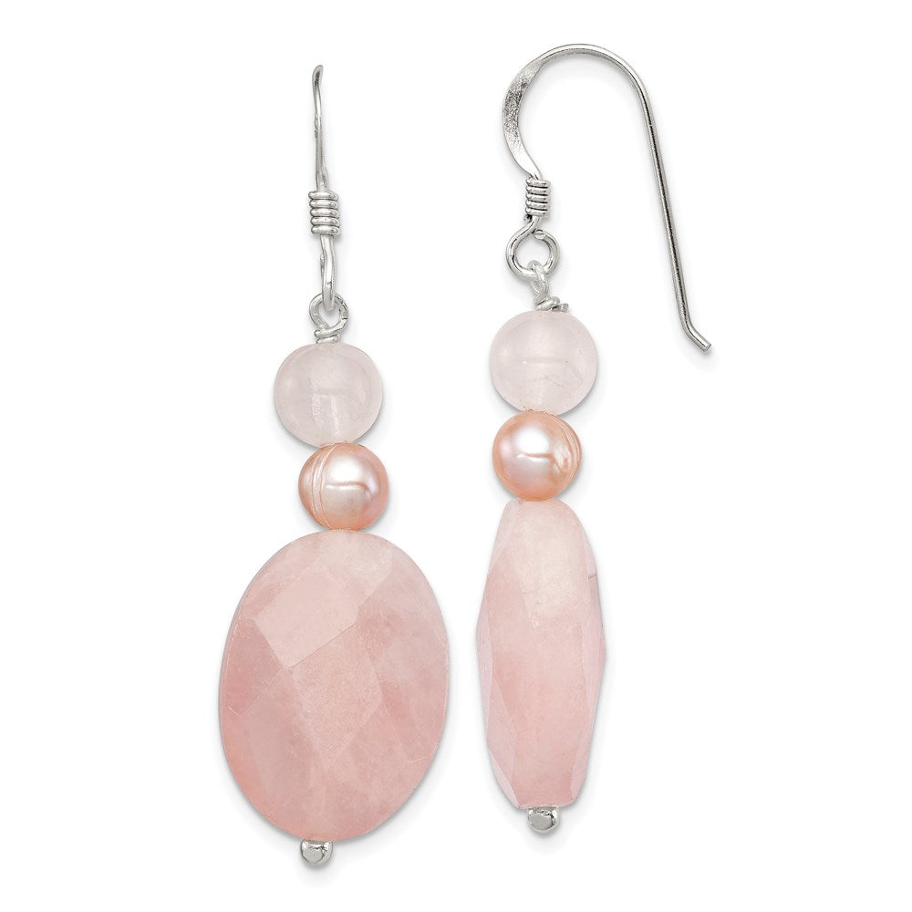 QE5945 Sterling Silver Polished Rose Quartz & Pink FWC Pearl Dangle Earrings