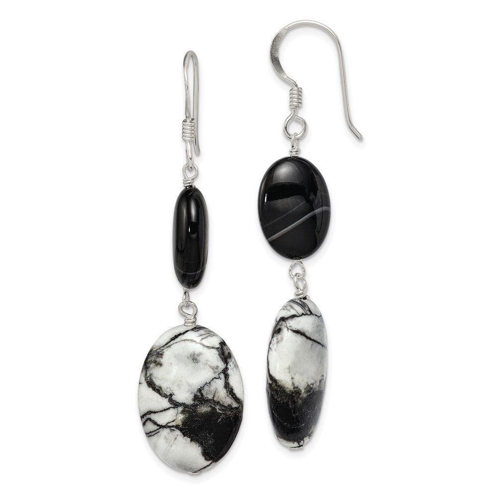QE5977 Sterling Silver Polished Black Sardonyx & Zebra Jasper Dangle Earrings