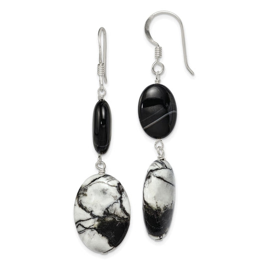QE5977 Sterling Silver Polished Black Sardonyx & Zebra Jasper Dangle Earrings