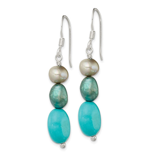 QE5982 Sterling Silver Turquoise, Grey & Green FW Cultured Pearl Dangle Earrings