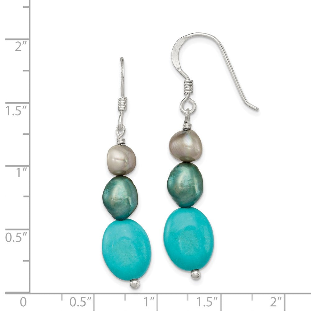 QE5982 Sterling Silver Turquoise, Grey & Green FW Cultured Pearl Dangle Earrings