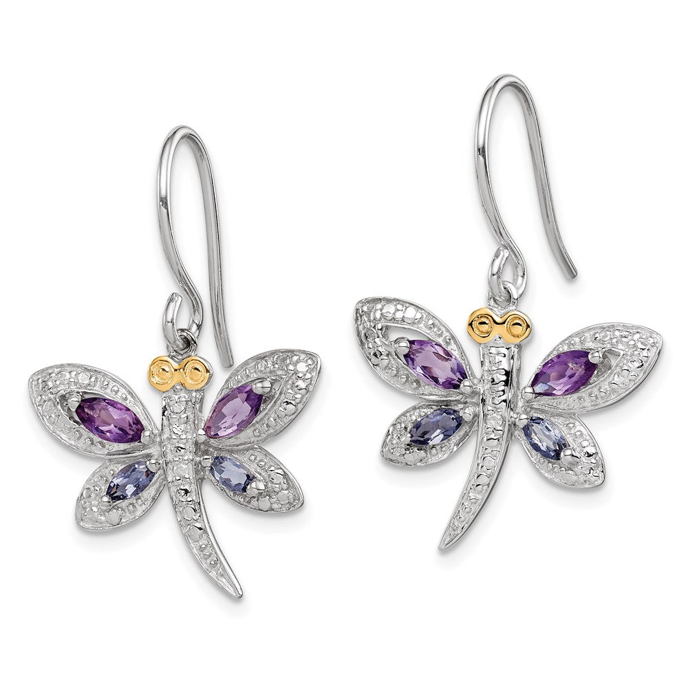 QE6072 Brilliant Gemstones Sterling Silver with 14K Accent Rhodium-plated Amethyst and Iolite and Diamond Dragonfly Earrings