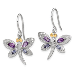QE6072 Brilliant Gemstones Sterling Silver with 14K Accent Rhodium-plated Amethyst and Iolite and Diamond Dragonfly Earrings