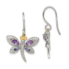 QE6072 Brilliant Gemstones Sterling Silver with 14K Accent Rhodium-plated Amethyst and Iolite and Diamond Dragonfly Earrings