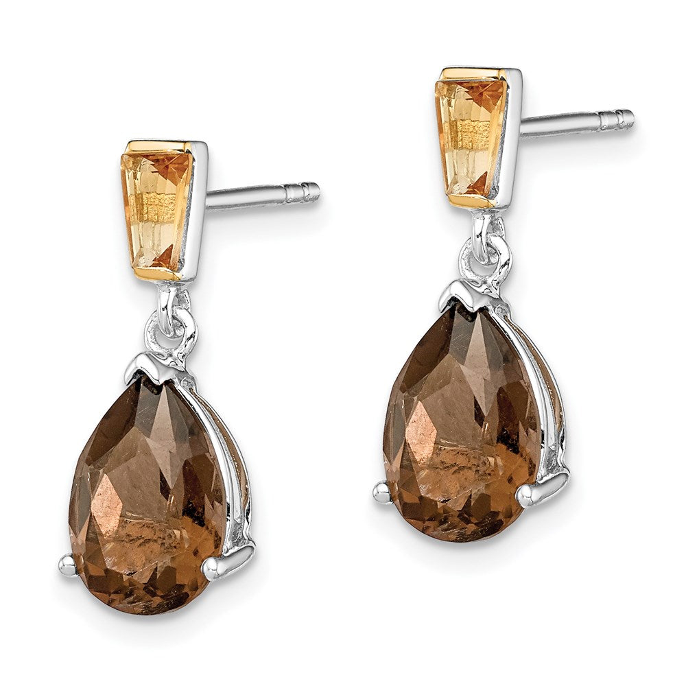 QE6074 Brilliant Gemstones Sterling Silver with 14K Accent Rhodium-plated Smoky Quartz and Citrine Earrings