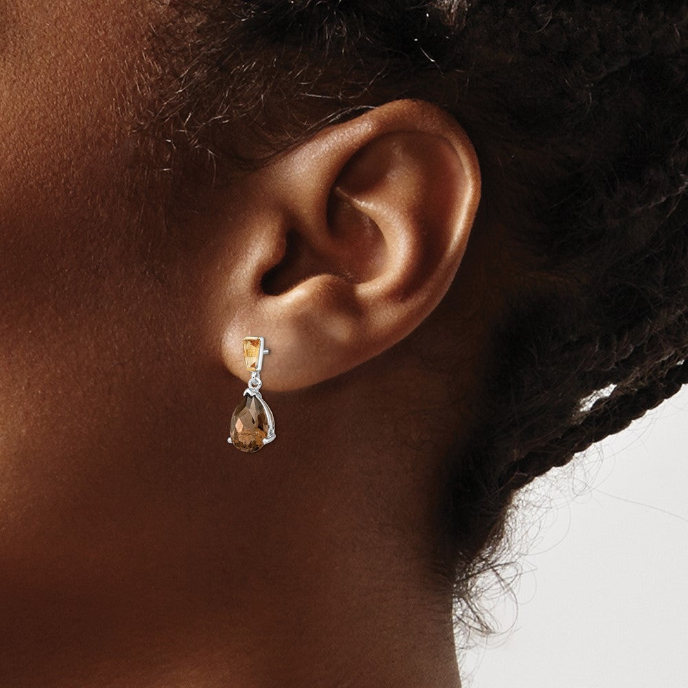 QE6074 Brilliant Gemstones Sterling Silver with 14K Accent Rhodium-plated Smoky Quartz and Citrine Earrings