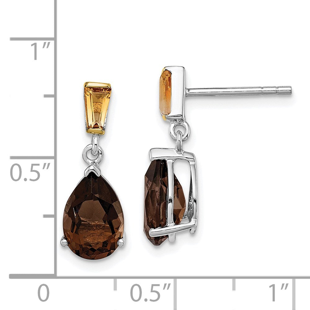 QE6074 Brilliant Gemstones Sterling Silver with 14K Accent Rhodium-plated Smoky Quartz and Citrine Earrings