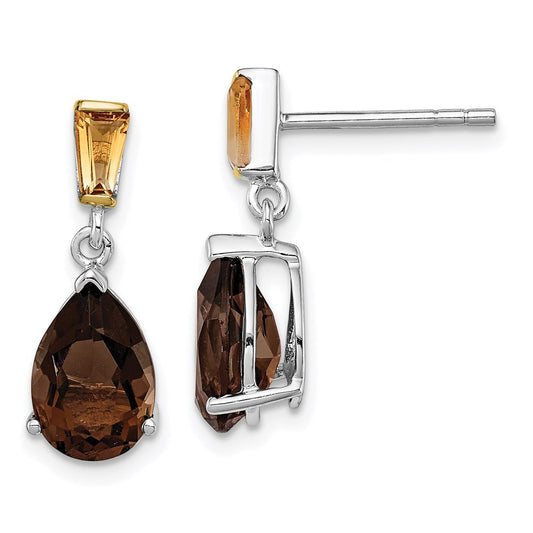 QE6074 Brilliant Gemstones Sterling Silver with 14K Accent Rhodium-plated Smoky Quartz and Citrine Earrings