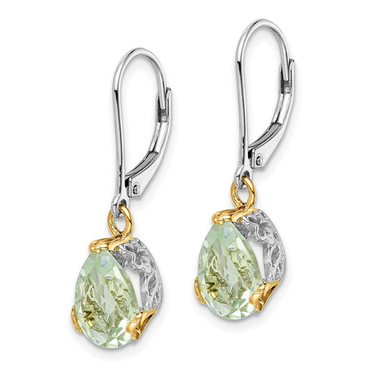 QE6076 Brilliant Gemstones Sterling Silver with 14K Accent Rhodium-plated Green Quartz Leverback Earrings