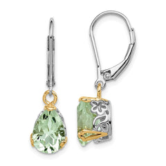 QE6076 Brilliant Gemstones Sterling Silver with 14K Accent Rhodium-plated Green Quartz Leverback Earrings