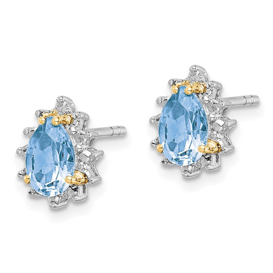 QE6080 Brilliant Gemstones Sterling Silver with 14K Accent Rhodium-plated Sky Blue Topaz and Diamond Post Earrings