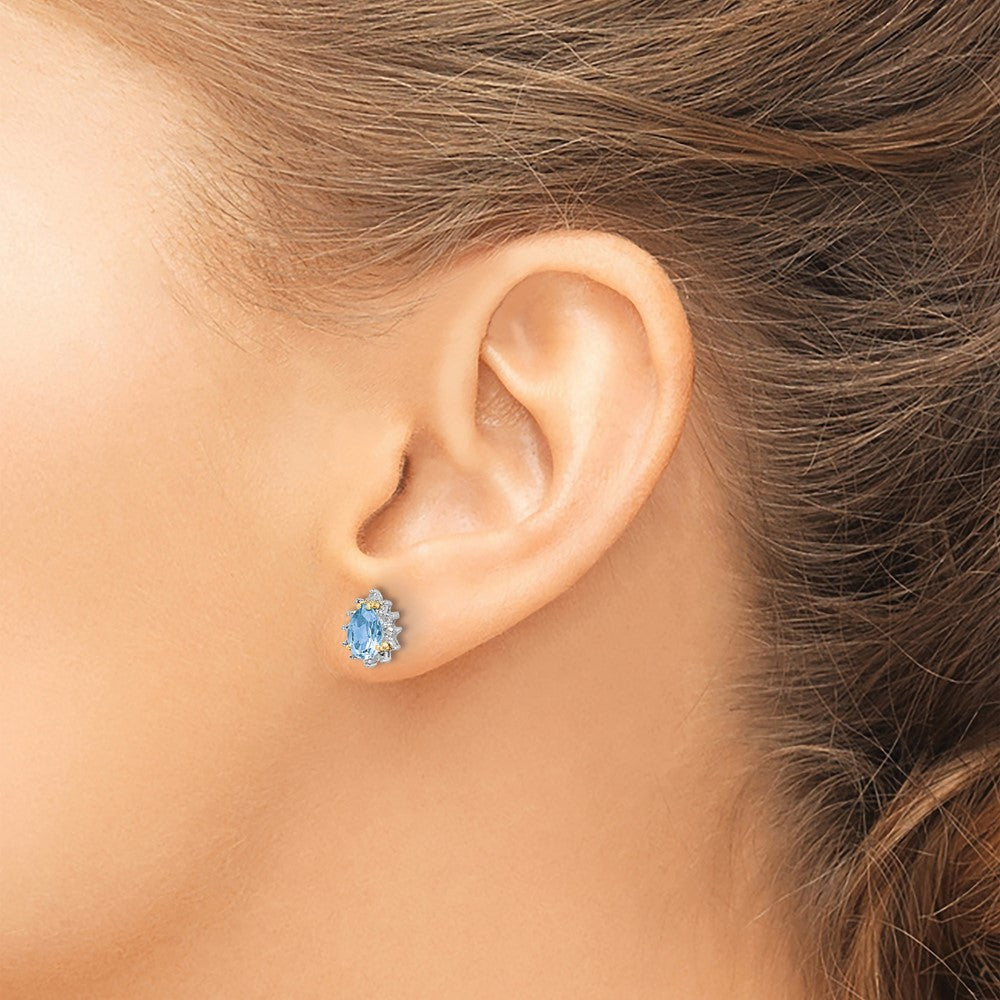QE6080 Brilliant Gemstones Sterling Silver with 14K Accent Rhodium-plated Sky Blue Topaz and Diamond Post Earrings