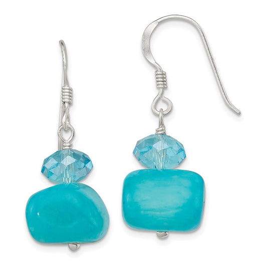 QE6083 Sterling Silver Polished Aquamarine Crystal & Blue Jade Dangle Earrings