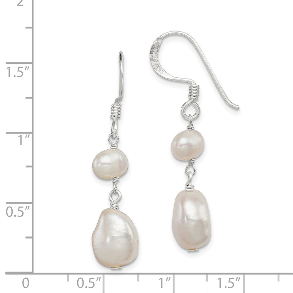 QE6142 Sterling Silver Polished White 6-9mm Baroque & Semi-Round Freshwater Cultured Pearl Dangle Earrings