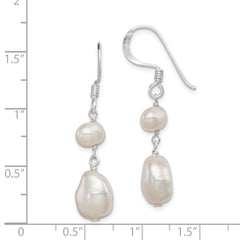 QE6142 Sterling Silver Polished White 6-9mm Baroque & Semi-Round Freshwater Cultured Pearl Dangle Earrings