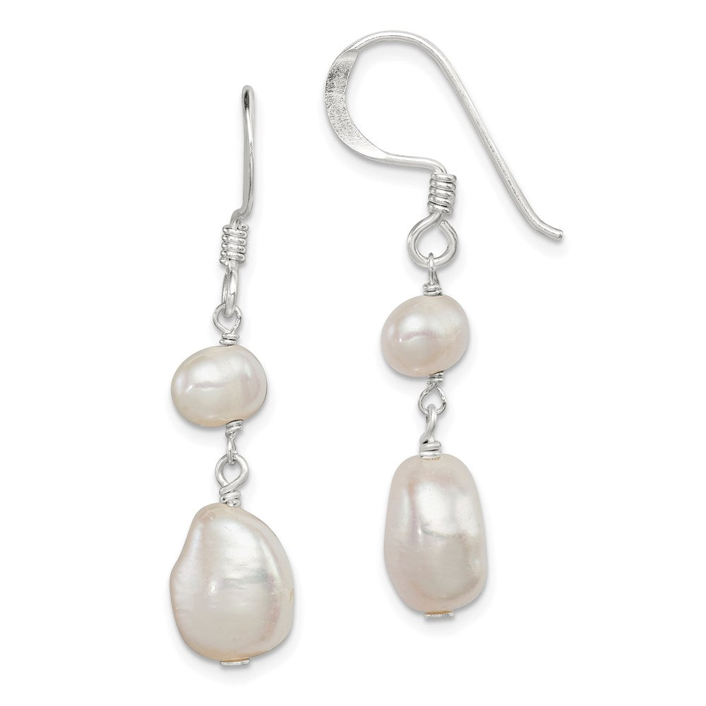 QE6142 Sterling Silver Polished White 6-9mm Baroque & Semi-Round Freshwater Cultured Pearl Dangle Earrings