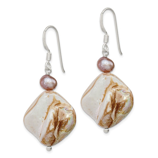 QE6148 Sterling Silver Polished Brown Mother of Pearl and Freshwater Cultured Pearl Dangle Earrings