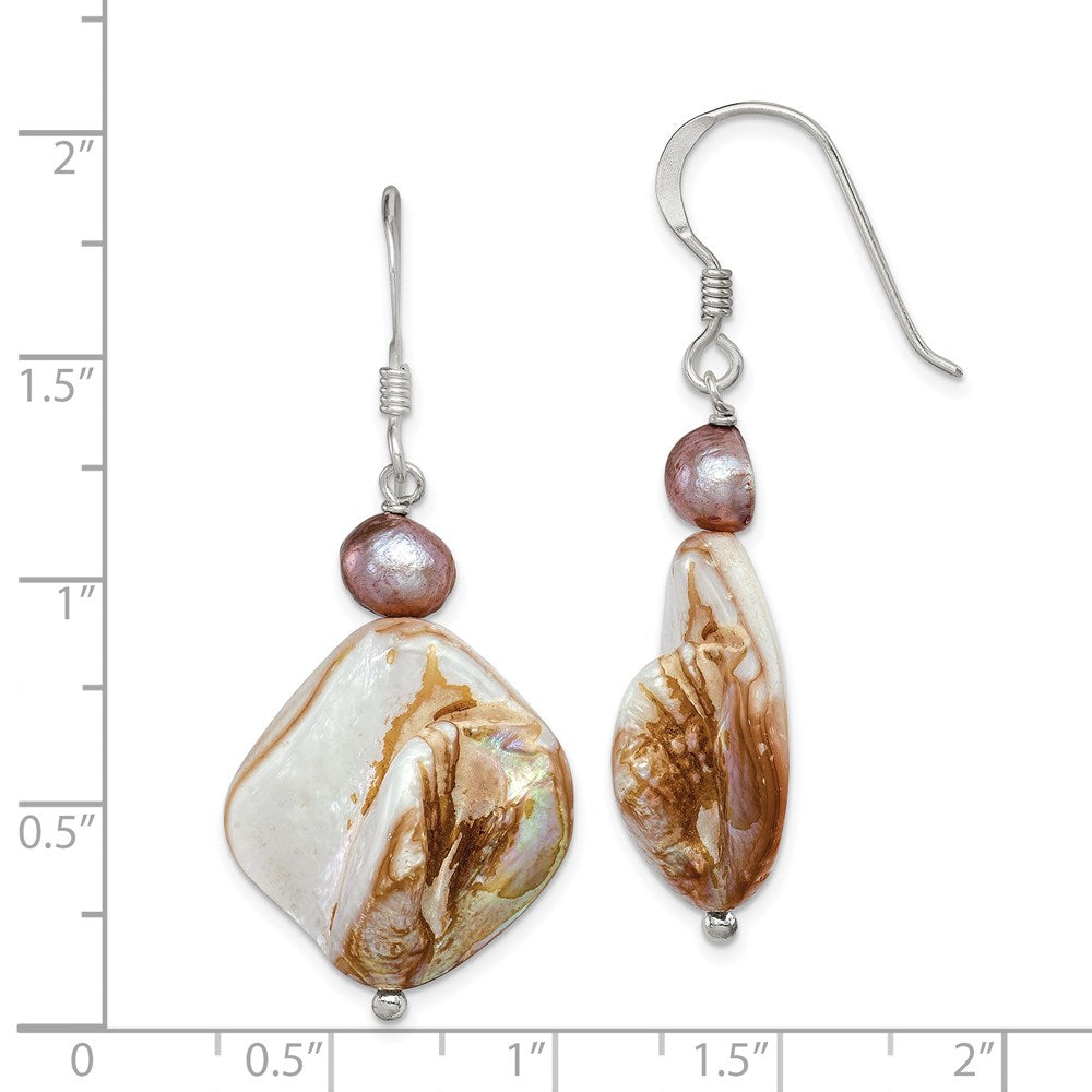 QE6148 Sterling Silver Polished Brown Mother of Pearl and Freshwater Cultured Pearl Dangle Earrings