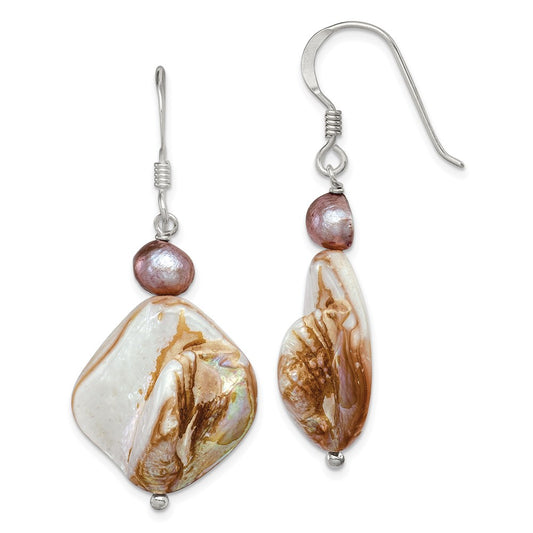 QE6148 Sterling Silver Polished Brown Mother of Pearl and Freshwater Cultured Pearl Dangle Earrings