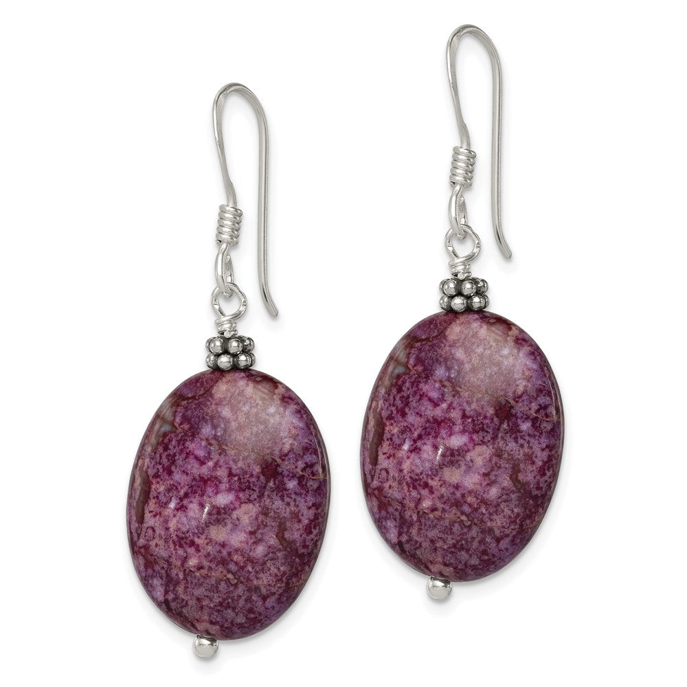 QE6176 Sterling Silver Polished & Beaded Purple Charoite Oval Dangle Earrings
