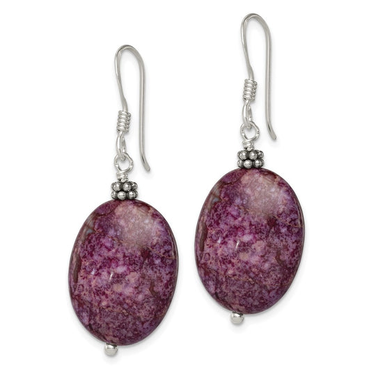 QE6176 Sterling Silver Polished & Beaded Purple Charoite Oval Dangle Earrings