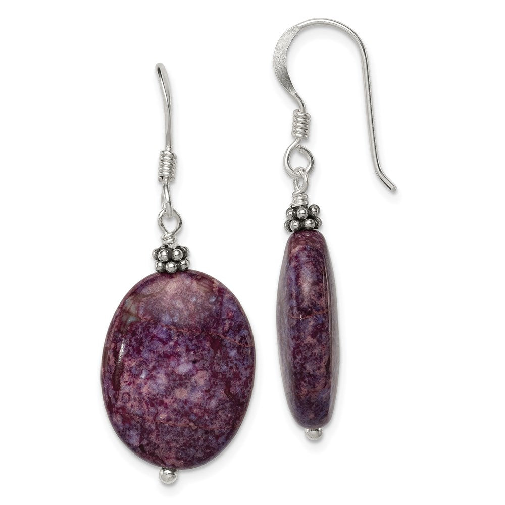 QE6176 Sterling Silver Polished & Beaded Purple Charoite Oval Dangle Earrings