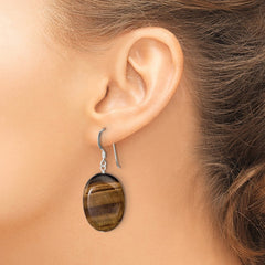 QE6197 Sterling Silver Polished Tiger's Eye Oval Dangle Earrings
