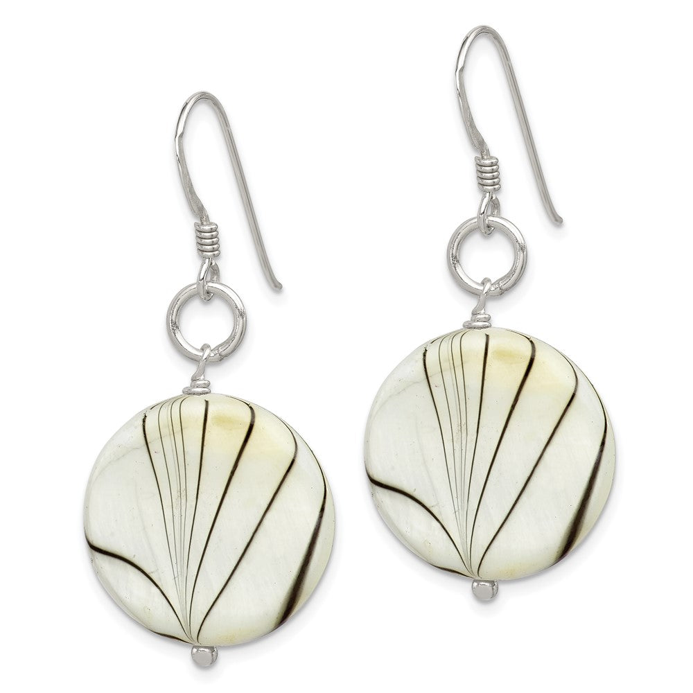 QE6211 Sterling Silver Polished Zebra Mother of Pearl Disc Dangle Earrings