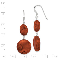 QE6212 Sterling Silver Polished Round & Oval Recon. Red Coral Dangle Earrings