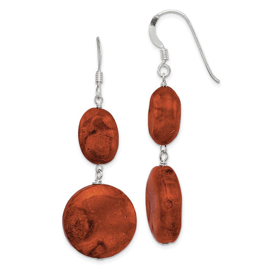 QE6212 Sterling Silver Polished Round & Oval Recon. Red Coral Dangle Earrings