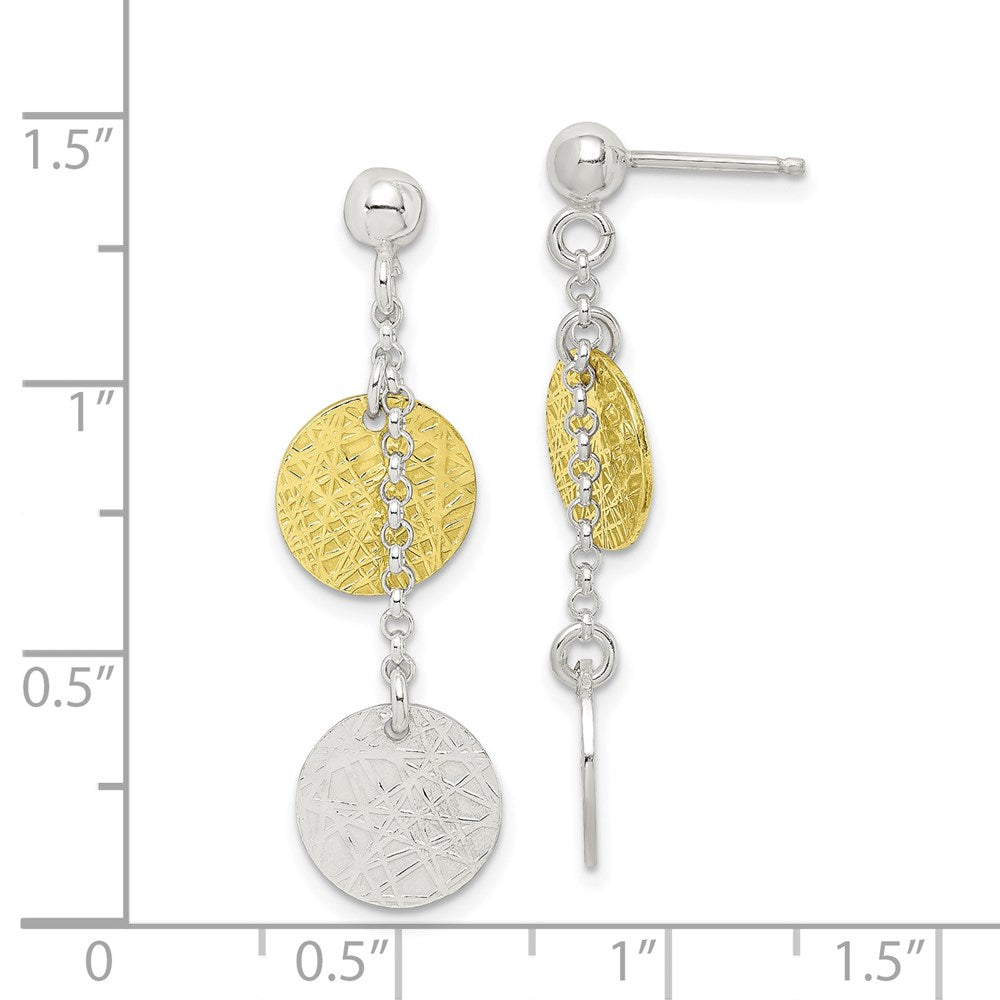QE6310 Sterling Silver w/ Yellow Vermeil Polished & Textured Circle Dangle Earring