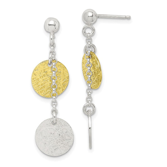 QE6310 Sterling Silver w/ Yellow Vermeil Polished & Textured Circle Dangle Earring