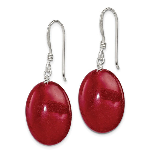 QE6321 Sterling Silver Polished Red Jade Oval Dangle Earrings