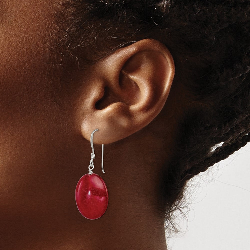 QE6321 Sterling Silver Polished Red Jade Oval Dangle Earrings