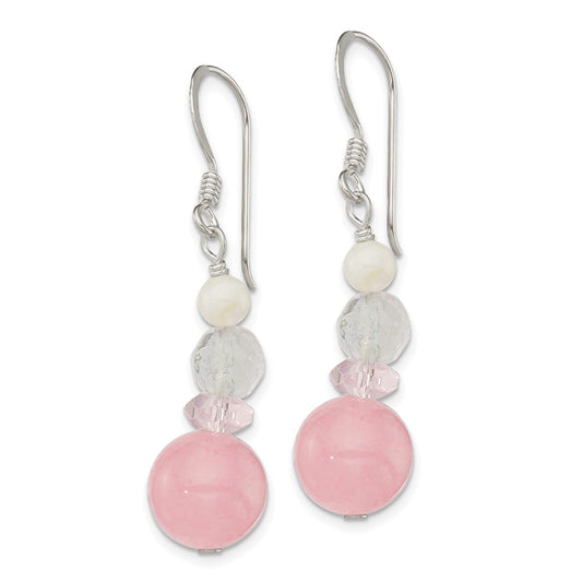 QE6326 Sterling Silver Polished Pink Crystal, Jade & Mother of Pearl Dangle Earrin