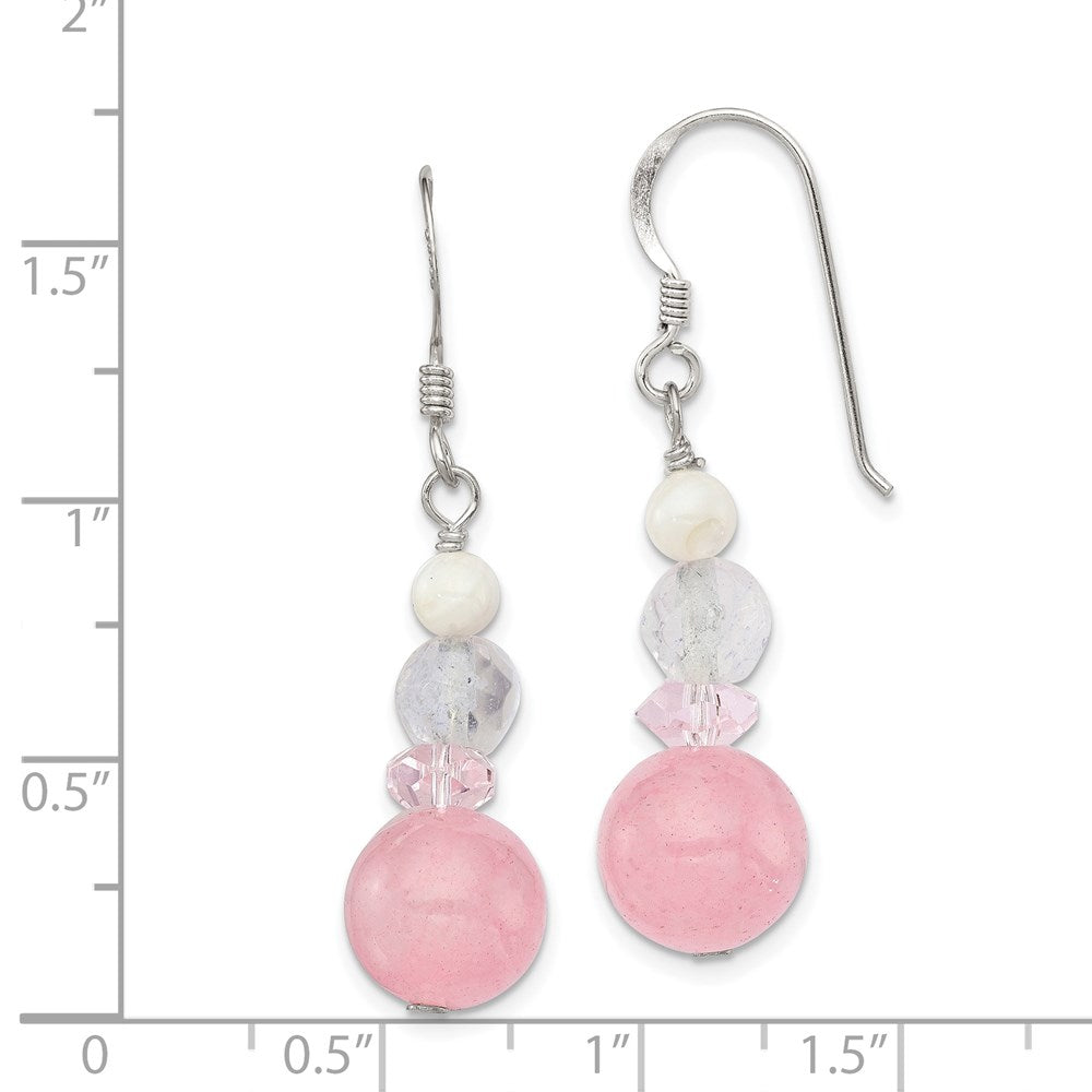 QE6326 Sterling Silver Polished Pink Crystal, Jade & Mother of Pearl Dangle Earrin