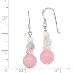 QE6326 Sterling Silver Polished Pink Crystal, Jade & Mother of Pearl Dangle Earrin