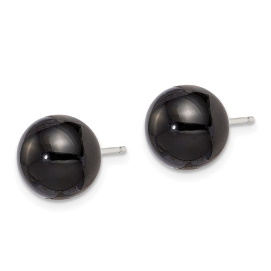 QE6348 Sterling Silver Rhod-pltd 10-10.5mm Black Agate Button Post Earrings